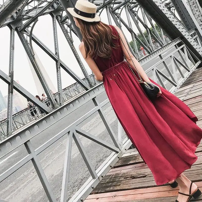 

Photo Shoot 2019 Summer New Style Korean-style Slim Fit Mid-length Casual Wine Normcore Style Dress Women's