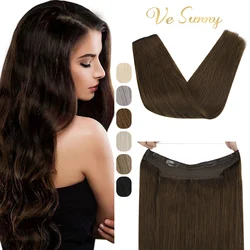 VeSunny Transparent Wire Hair Extensions Human Hair Brown Machine Remy Hair Invisible Fishing Wire with 2 Clips