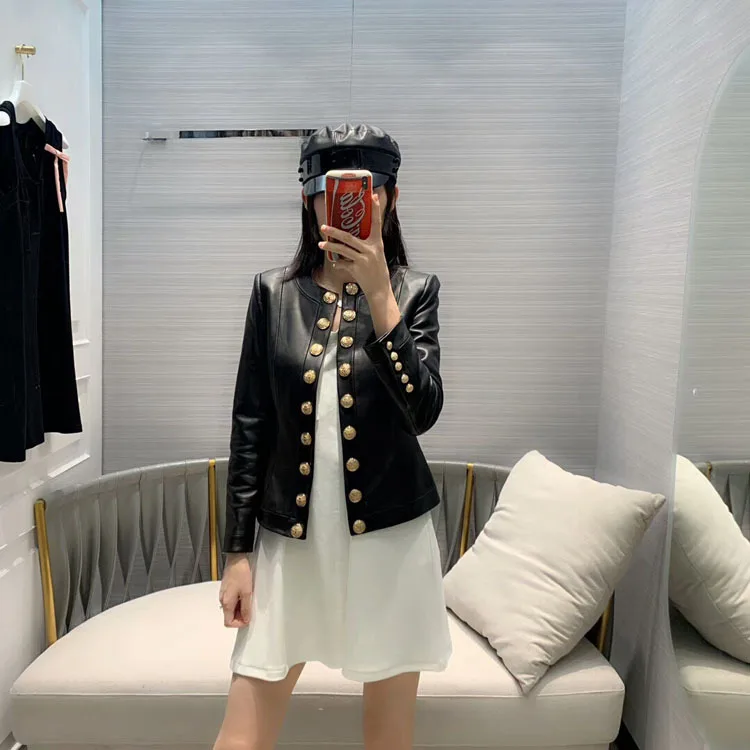 

2020 Spring Women's New Fashionable Cool Ladies Double Breasted Sheepskin Black Jacket Free Shipping Worldwide