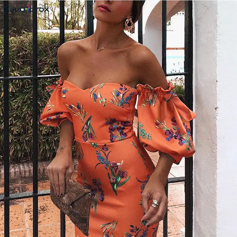 sexy orange red off shoulder floral print bodycon dress