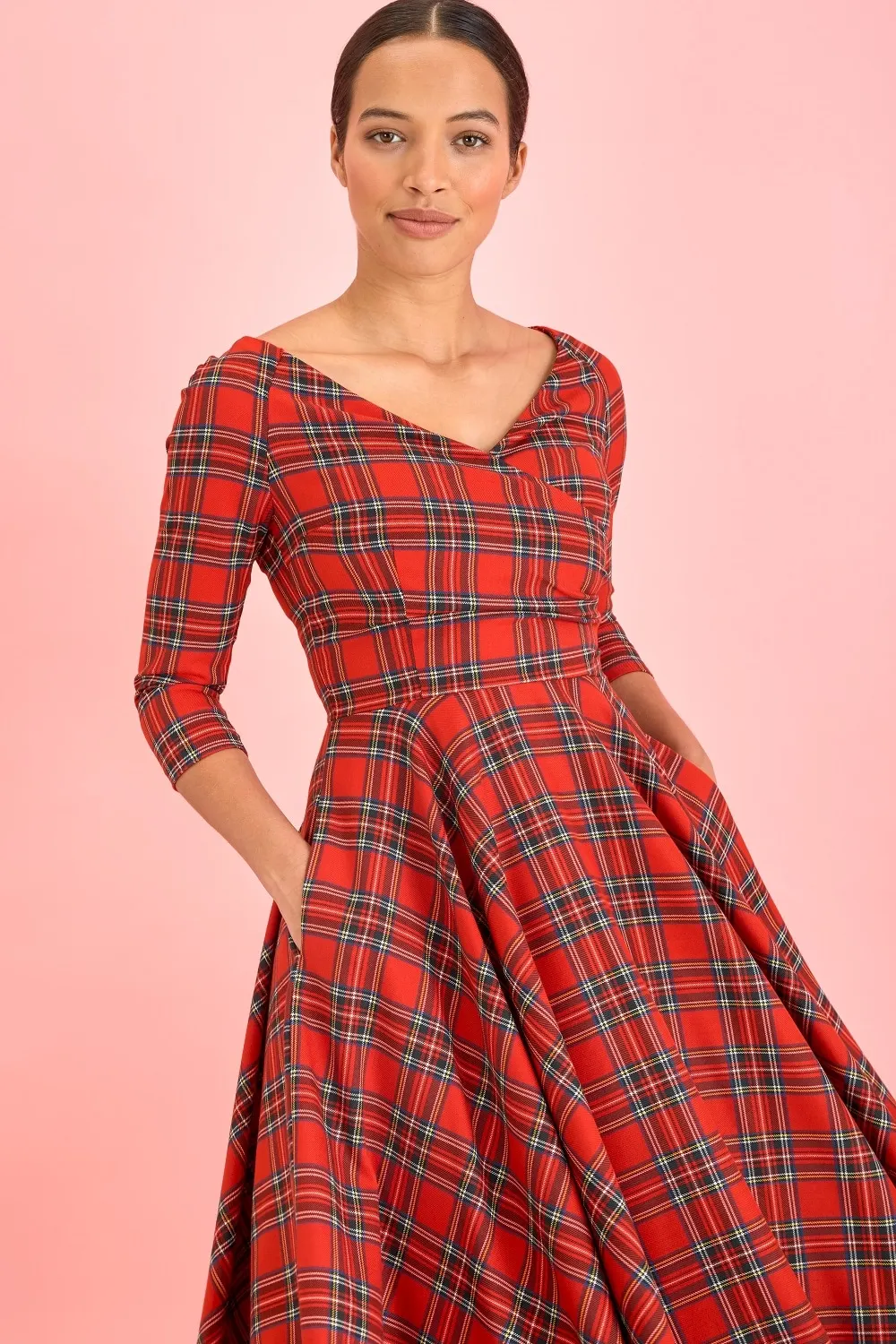 30- women vintage 50s tartan fitted wrap neck swing dress in red rockabilly plus size vestidos elegant dresses