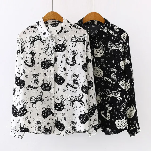 US $6.39 Women Shirt Cat Pattern Printed Personality Tops and Blouses Fashion Office Lady Long Sleeve Shirt 