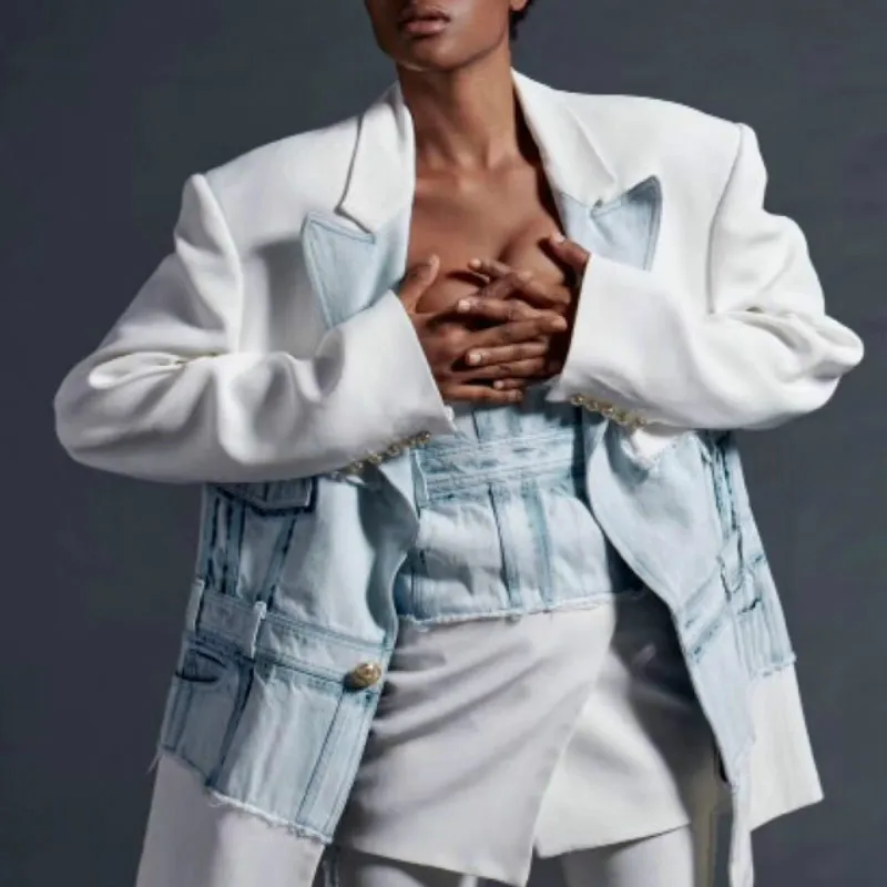 

2019 Autumn Arrival Gold Button Jean Woman Cartoon Jackets Long Sleeve Patchwork with Sashes Streetwear Denim Loose Coats