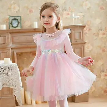 

Toddler Girls Mesh Dress Long Sleeve Rainbow Color Bow Lace Mid Length Gowns Children Girls Outdoor Daily Casual Loose Dresses