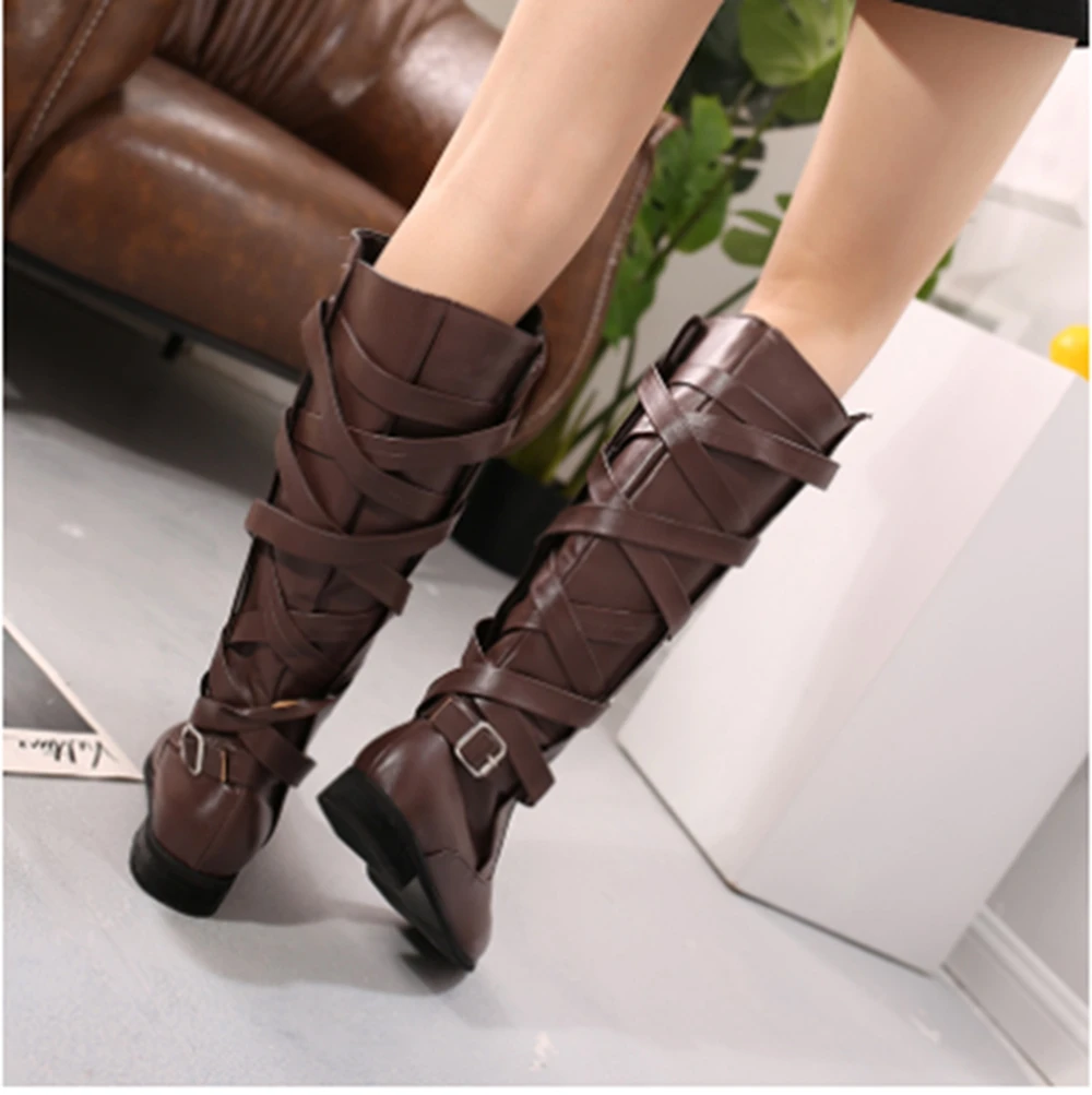 Ceny Kobiety skórzane buty do kolan moda pasek krzyżowy zimowe niskie obcasy długie buty Western Side zamek błyskawiczny czarne buty na motocykl