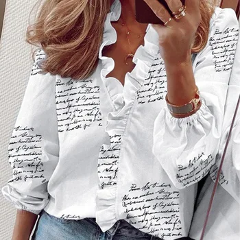 

Letter Printed Ruffle Puff Sleeve Women Shirt V Neck Elastic Long Sleeve Female Shirts 2020 Spring Fashion Ladies Top Clothes