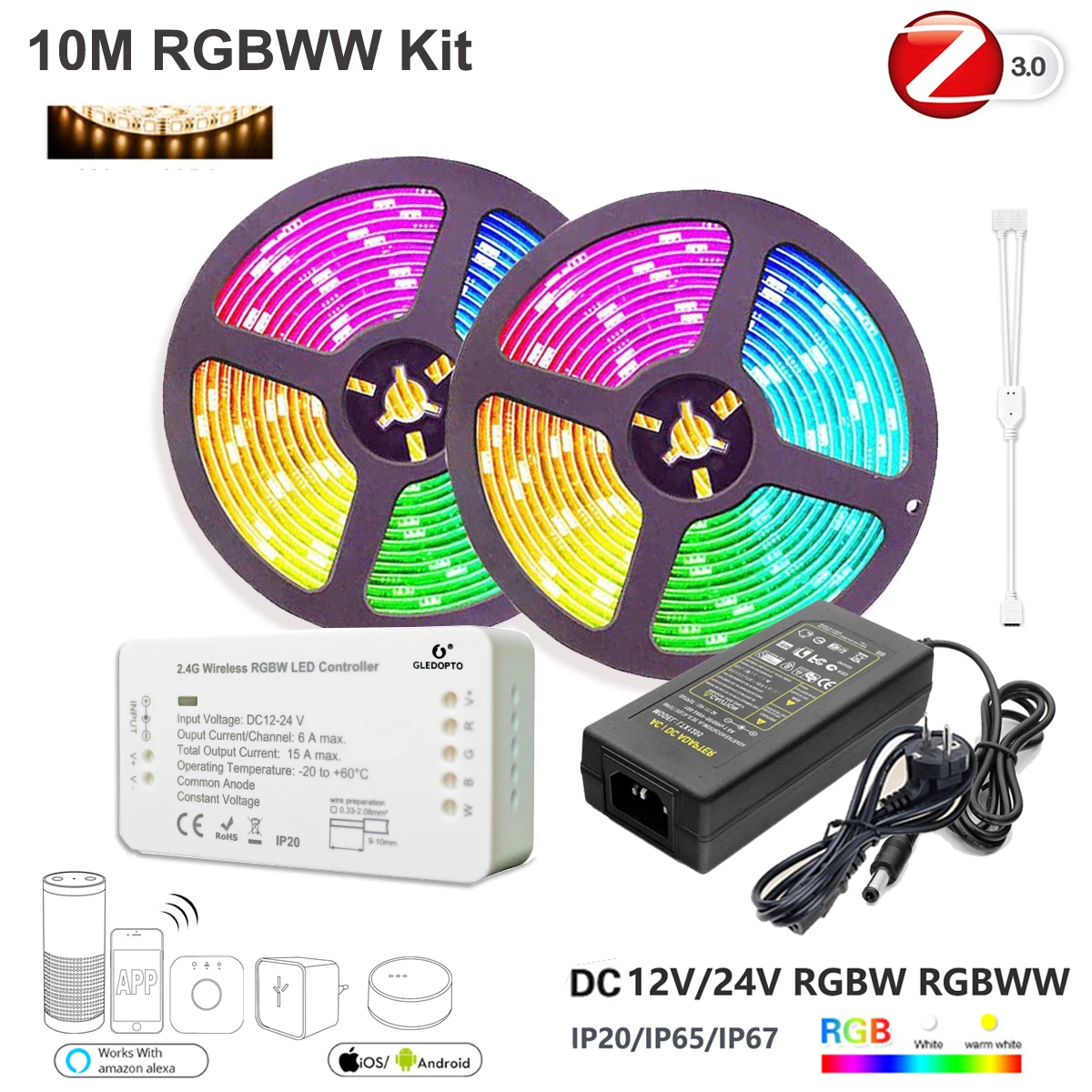 ZigBee ZLL RGBW контроллер+ 5 м/10 м 12 В/24 В RGBW RGBWW 4в1 5050 60 светодиодный s светодиодный блок питания совместимый с Alexa Echo - Испускаемый цвет: 10M RGBWW Kit