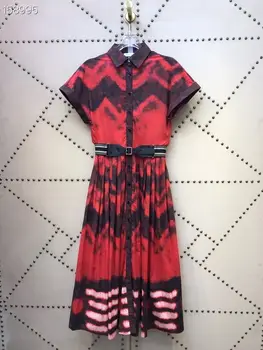 

2020 Summer Runway Vintage Landscape Print Short Sleeves Single Breasted Belt Women Ladies Casual Hot Sale Red Pleated Dress