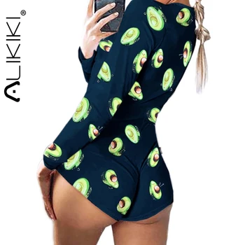 

Long Sleeve V neck Bodysuit Red Lips Avocado Onesie Shorts Rompers Adult Onesie Pajamas Sleepwear For Women Bodystocking