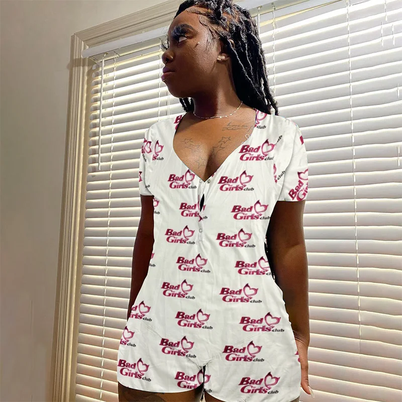 Casual Letter Print Home Jumpsuit Sexy Bodycon Women Sleepwear Bandage Short Sleeve One Piece Bodysuit Pijama Mujer