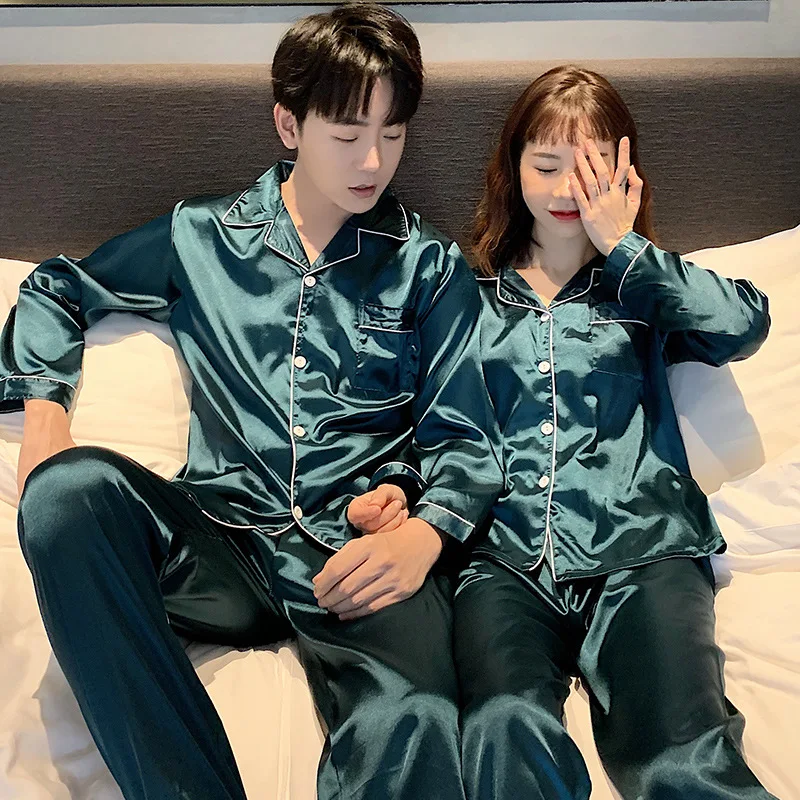 

Couples Pajamas Spring And Autumn Imitated Silk Fabric Long Sleeve Men And Women Thin Silk Solid Color Plus-sized Menswear Cardi