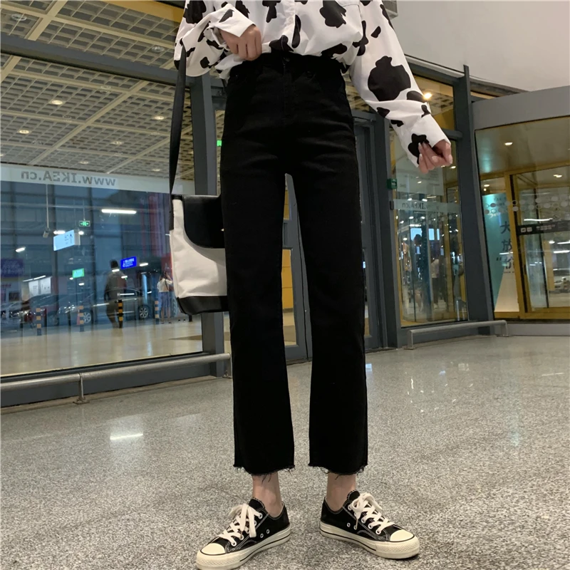 Джинсы Женские однотонные до щиколотки прямые джинсовые Harajuku универсальные повседневные женские брюки с высокой талией корейский стиль винтажные карманы