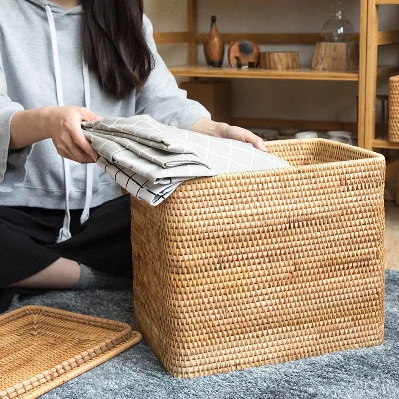 Large laundry storage basket with lid kids clothes Rattan storage boxes container for toys Japanese desktop sundries organizers