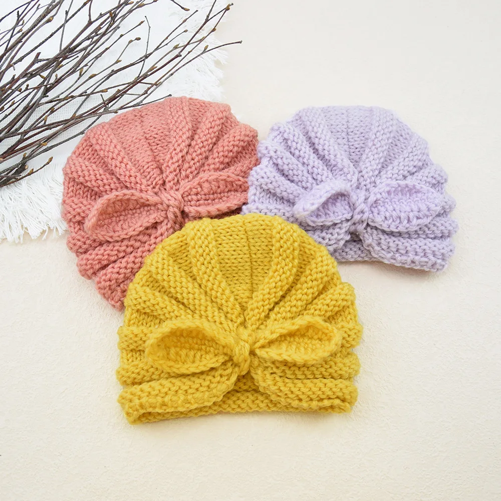 Newborn Knitted Bow Beanie Baby Girls Wool Knitted Turban Hat Infant  Toddler Girl  Baby Bonnet Candy Colors Warm Caps for Child