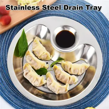 

Dumpling Plate Thick Stainless Steel with Spices Vinegar Dish Drain Double Tray Fruit Tray Serving Platter Kitchen Tableware