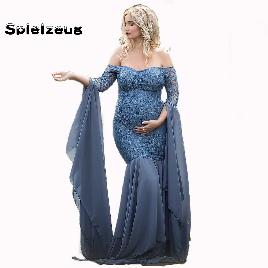 

Fashion Maternity Dress for Photo Shoot Maxi Maternity Gown Off Shoulder Lace Stitching Fancy Women Solid Photography Props#g4