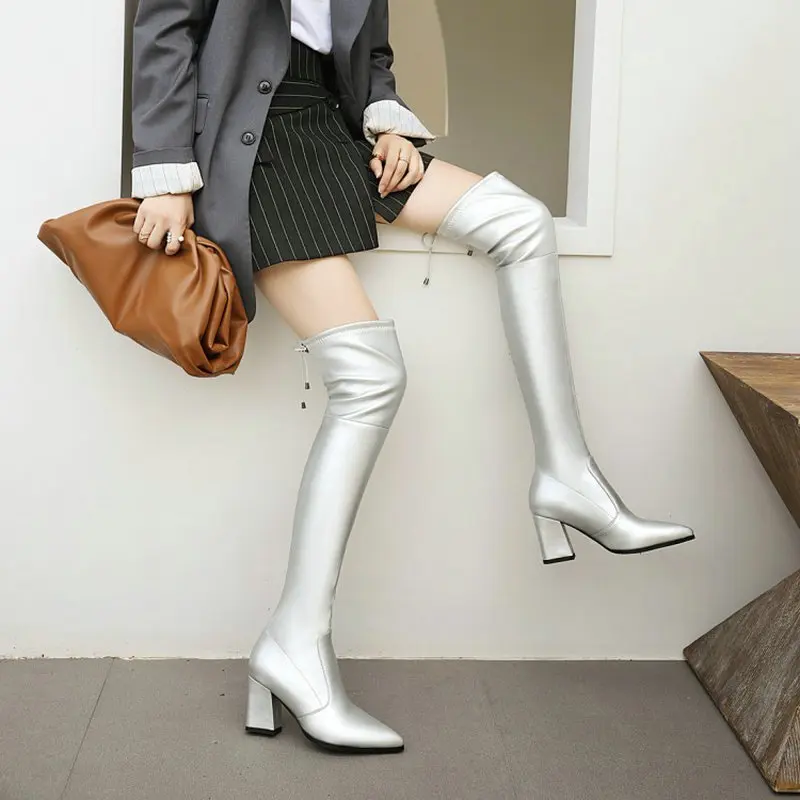 

2022 winter block high heels sexy booties PU stretchy overknees boots woman's shoes women over-the-knee boots big size 33-46