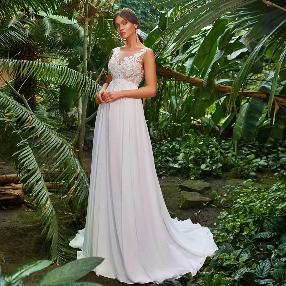

Sleeveless Chiffon O-neck Sweep Train Floor-length Button A-line Sleeveless Simple Wedding Dress Plus Size Cheap Bridal Gown