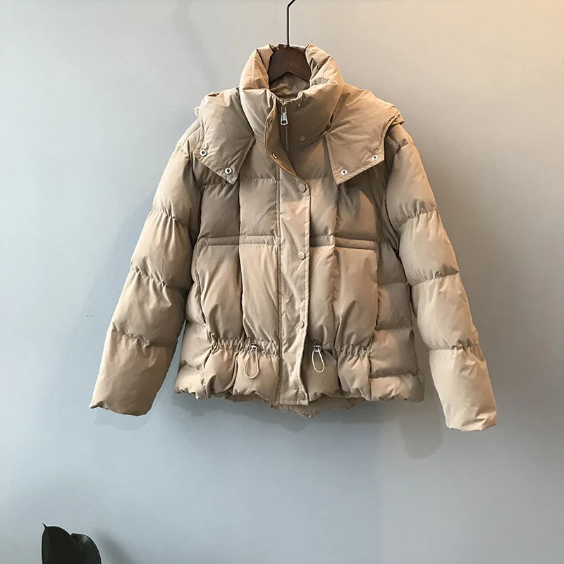 Milk tea color Теплая зимняя короткая куртка женская модная парка с хлопковой подкладкой Harajuku пальто с капюшоном Женская однотонная верхняя одежда с завязками - Цвет: Milk tea color