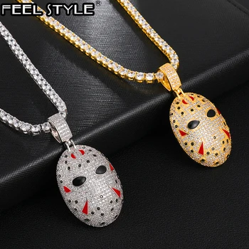 

Iced Out Bling Cubic Zirconia Jason Mask Necklaces & Pendants For Men Hip Hop Jewelry With Tennis Chain