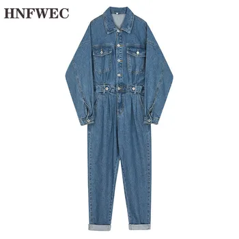 

Loose Fit Women Blue Long Denim Leisure Jumpsuit New High Waist Pocket Stitch Pants Fashion Tide Spring Autumn 2020 V543