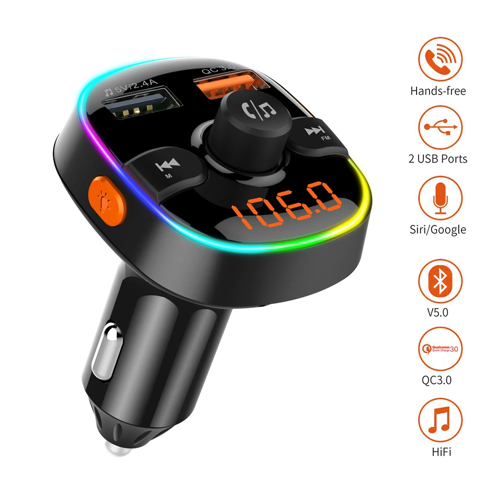 

Dual USB Ports QC 3.0 Fast charge Car Charger Bluetooth FM Transmitter Colorful Atmosphere Lights Hands-free Calling MP3 Player