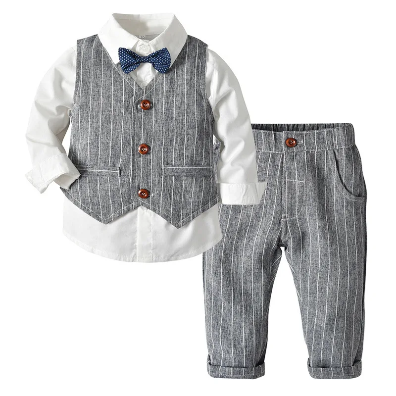 

Children Gentleman Three-piece Set BOY'S Autumn & Winter White Versatile Shirt Stripes Waistcoat Trousers Formal Dress Set