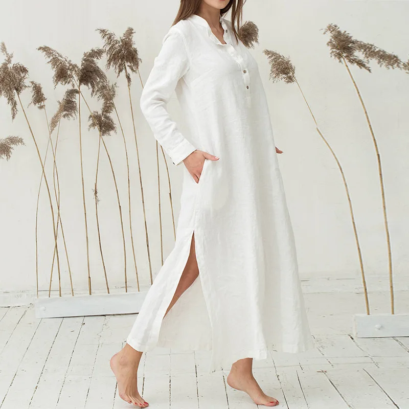 

Women Vintage Dress Casual 2019 Autumn Long Sleeve Stand Collar Maxi Dress Simple Solid Side Split Up Streetwear Womens Clothes