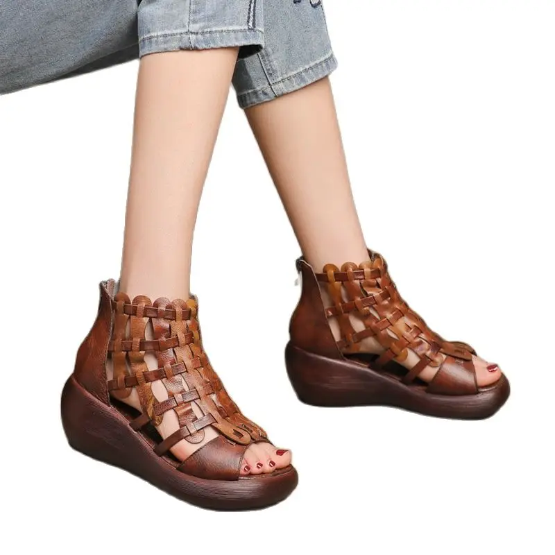 

LW66-2 Original Handmade Leather Boots Retro National Wind Woven Hollow Wipe Color Thick Bottom Slope Heel Sandals Women