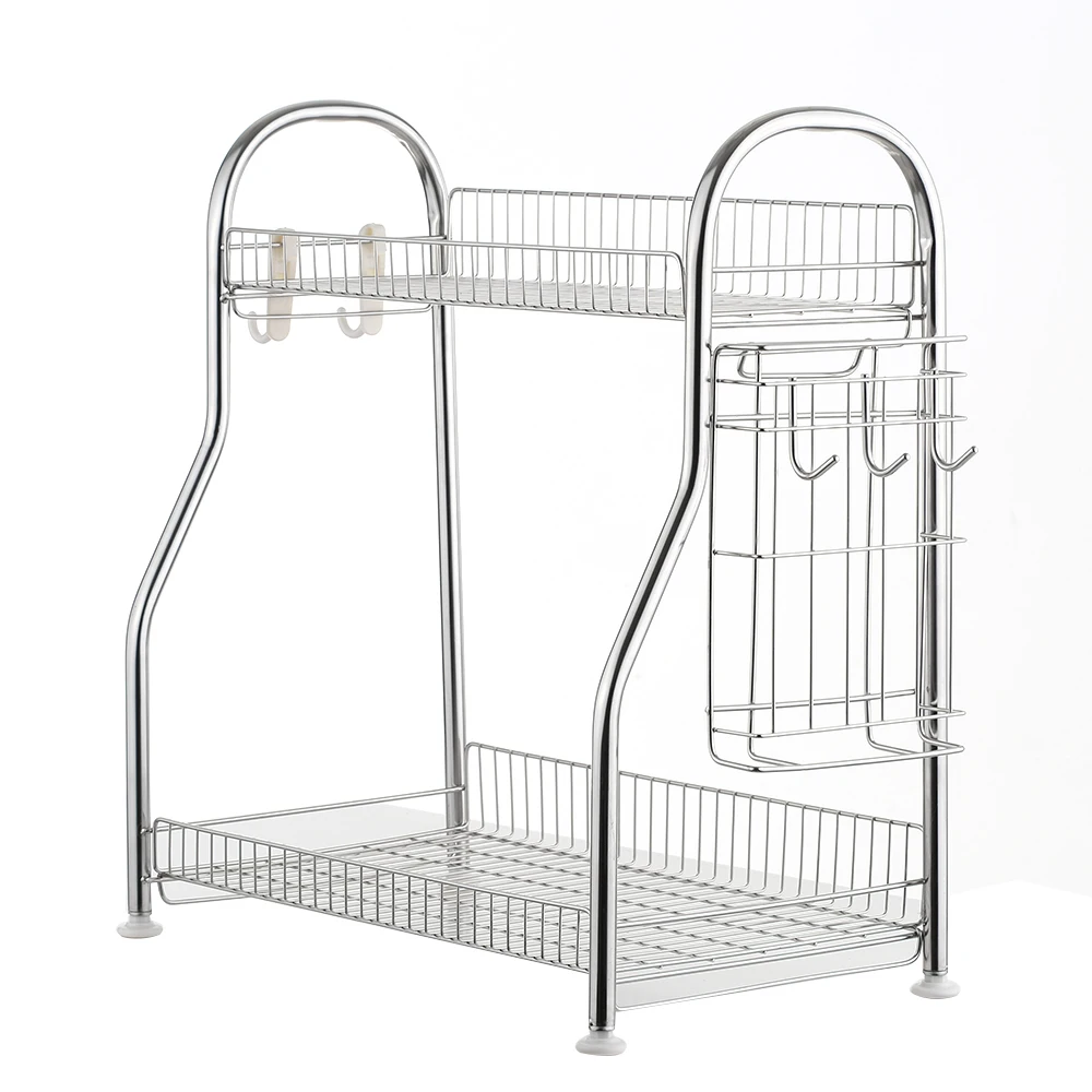 

Hot Kitchen Spice Racks 2-Tier Seasoning Shelf Organizer Seasoning Jars Bottle Knife Rack with Hooks Stainless Steel Storage Hol