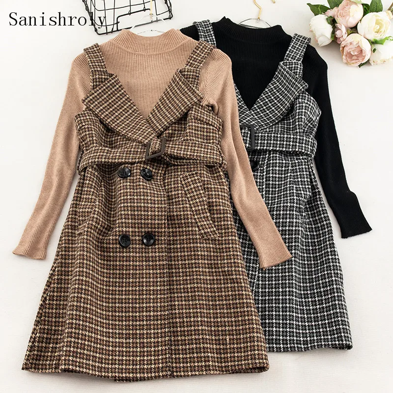 Sanishroly Two-piece Set Women Tank Dresses Autumn Winter Sashes Plaid Woolen Dress Sets Female Long Sleeve Sweater Vestidos 839 | Женская