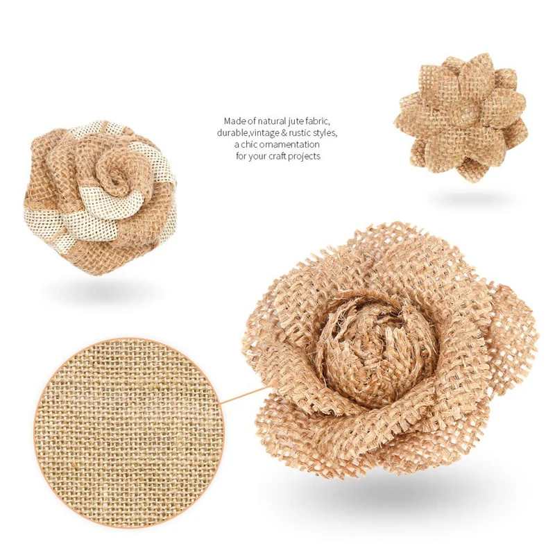 24Pcs Burlap Flowers,8 Styles Natural Handmade Rustic Rose Flower Bowknot With Faux Pearls For Diy Craft Bouquets Home Wedding C