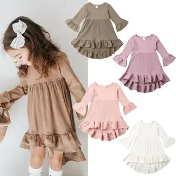 

6M-4Y Toddler Kids Baby Girl Flare Long Sleeve Solid Color Ruffles Autumn Dress Clothes