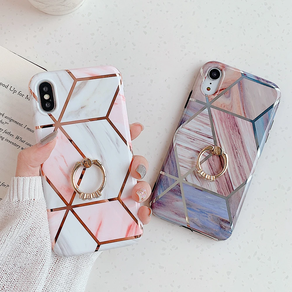 

SUYACS Luxury Plated Geometric Marble Ring Stand Phone Case For iPhone XR X XS Max 7 8 6S Plus Soft Phone Back Cover Phone Shell
