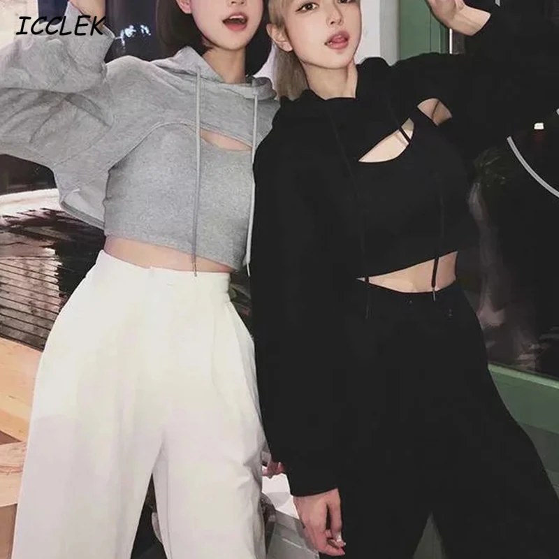 

Black Women's Hoodies Long Sleeve Sweatshirt Woman Sexyclub Streetwear Winter Autumn Women's Clothing Crop Tops Nightclub Style