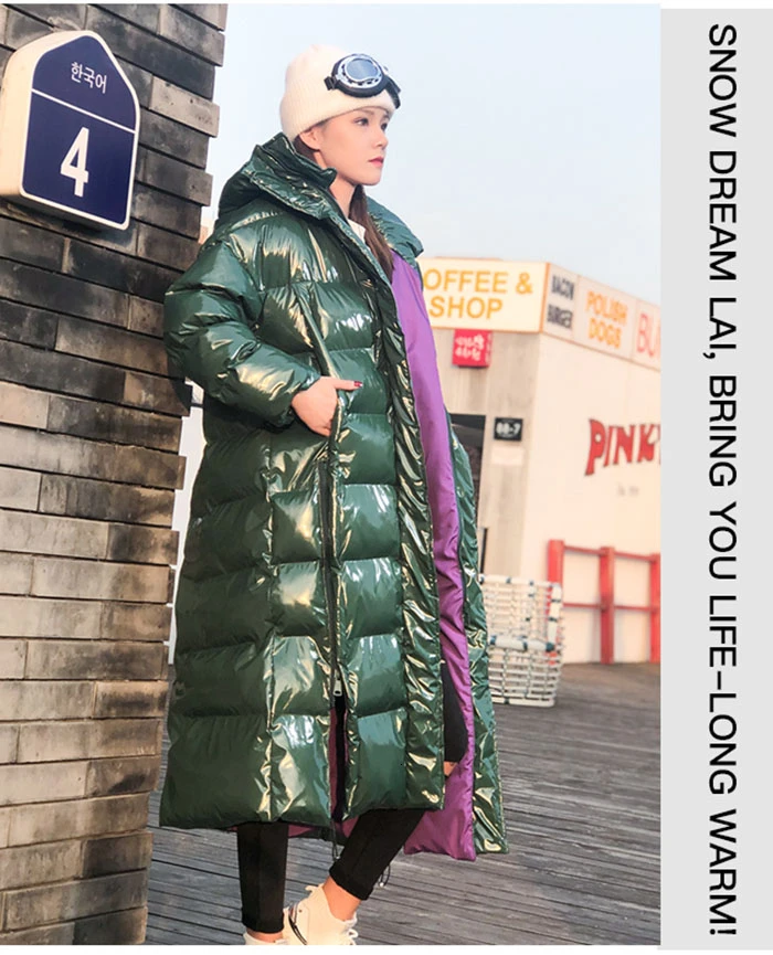 ZURICHOUSE зимняя куртка женская длинная модная Глянцевая пуховая стеганая куртка Женская Плюс Размер Свободная верхняя одежда с капюшоном зимняя парка