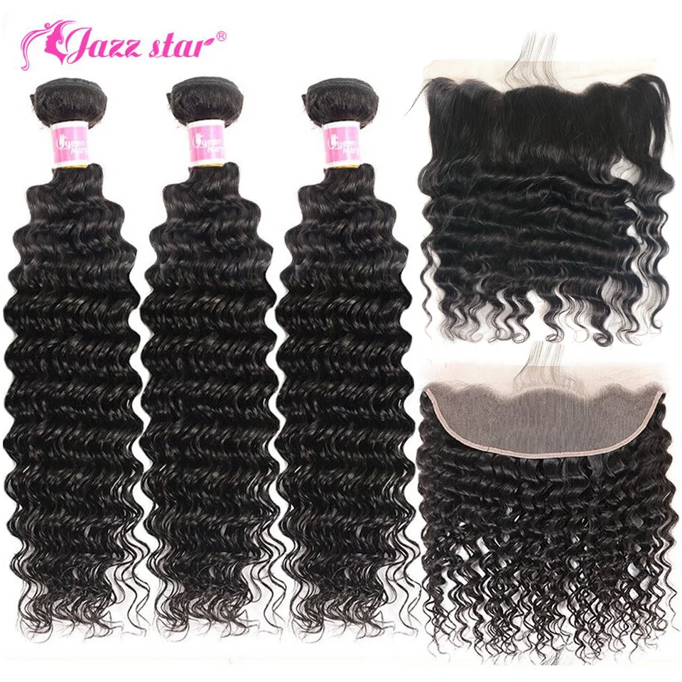 Brazilian Deep Wave Bundles With Frontal 3 Bundles With13*4 Lace Frontal 100% Human Hair Non-Remy Jazz Star