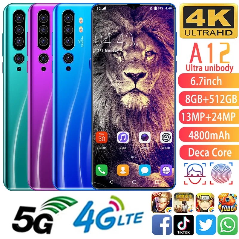 A12 Cellphone MTK6799 Phones deca core 6.7inch HD+1440*3040 Cell phones 5G  Phone 8GB+512GB Mobile phone 13MP+24MP