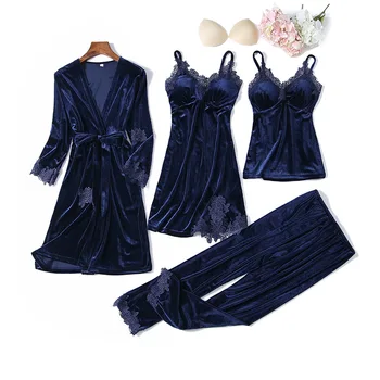 

Lady Velour Sleep Set Sexy 4PCS Pajamas Suit Casual Sleepwear Robe Gown Soft Pijamas Lace Patchwork Nightwear Loose Home Clothes