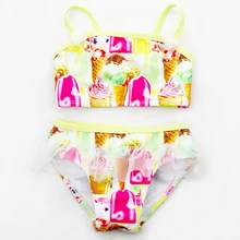 Детский купальник для девочек, комплект бикини из 2 предметов, От 3 до 8 лет, Детские Танкини с рисунком мороженого, детский купальный костюм с белым кружевом