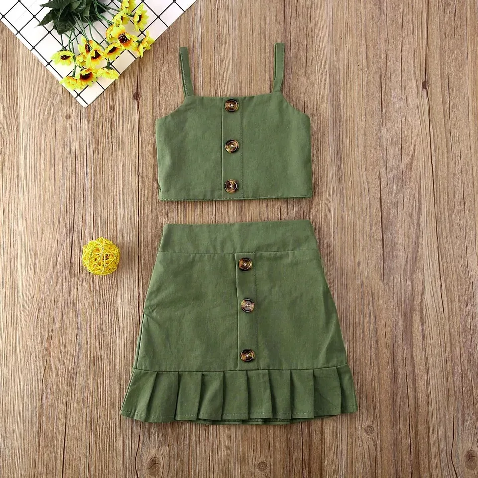 TELOTUNY New Toddler Baby Girls Suspender Pure Color Tank Tops Button Skirt Two Piece Suit Clothes Children Summer Set Outfits46