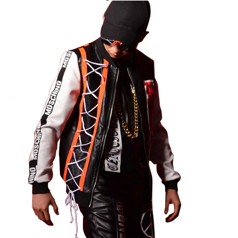 Splice Baseball Coat Men Contrast Stripe Black White Jacket Singer Dancer Men Stage Coat Hiphop Punk Gothic PU Leather Jacket