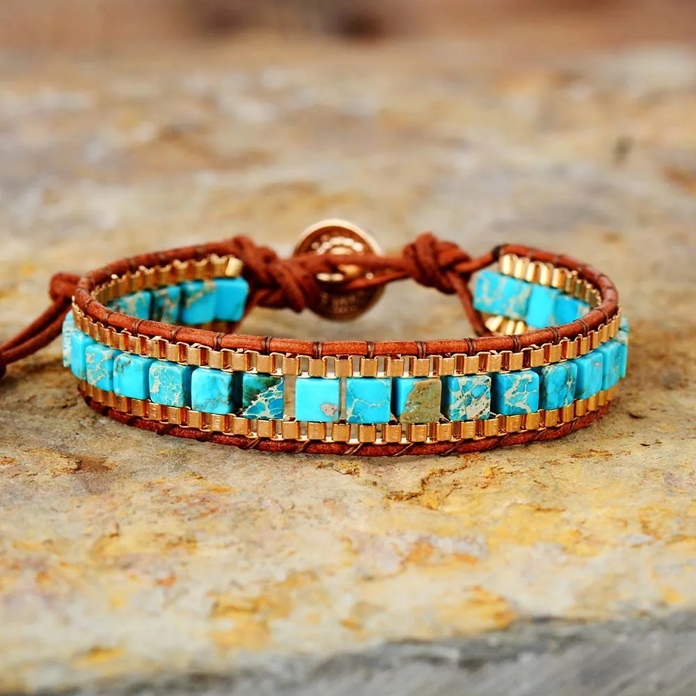 Turquoise Stones Gold Chain Woven Wrap Bracelet Bohemian