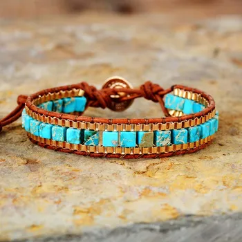 Turquoise Stones Gold Chain Woven Wrap Bracelet Bohemian
