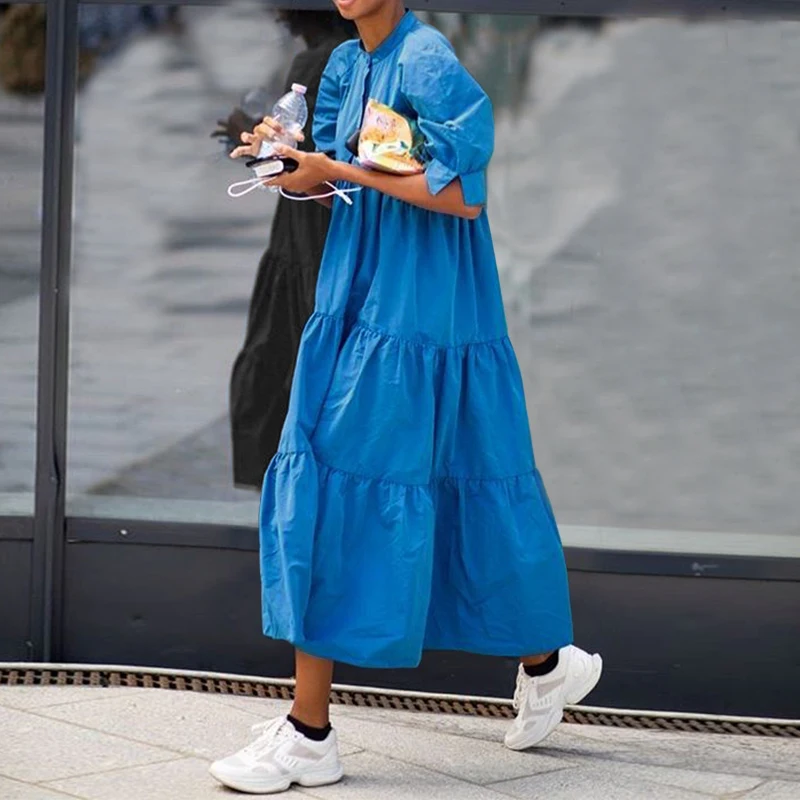 Dress Bohemian Sleeve Casual Robe Half-Lantern Party VONDA Vintage Plus-Size Womens Summer