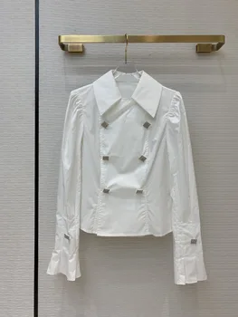 

2020 New Autumn Winter Double-breasted Lapel Flared Sleeves Diamond-studded Cotton Short Shirt Women Free Shipping