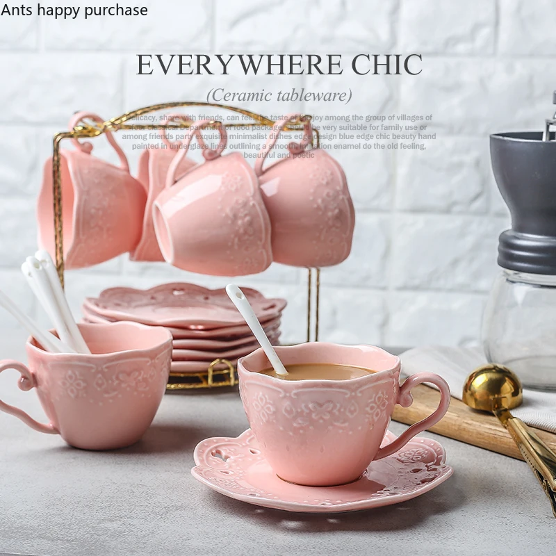 Household Ceramic Six Sets of Tea Sets White Pink European Style Coffee Cup Set Afternoon Tea Tea Cup with Saucer with Spoon