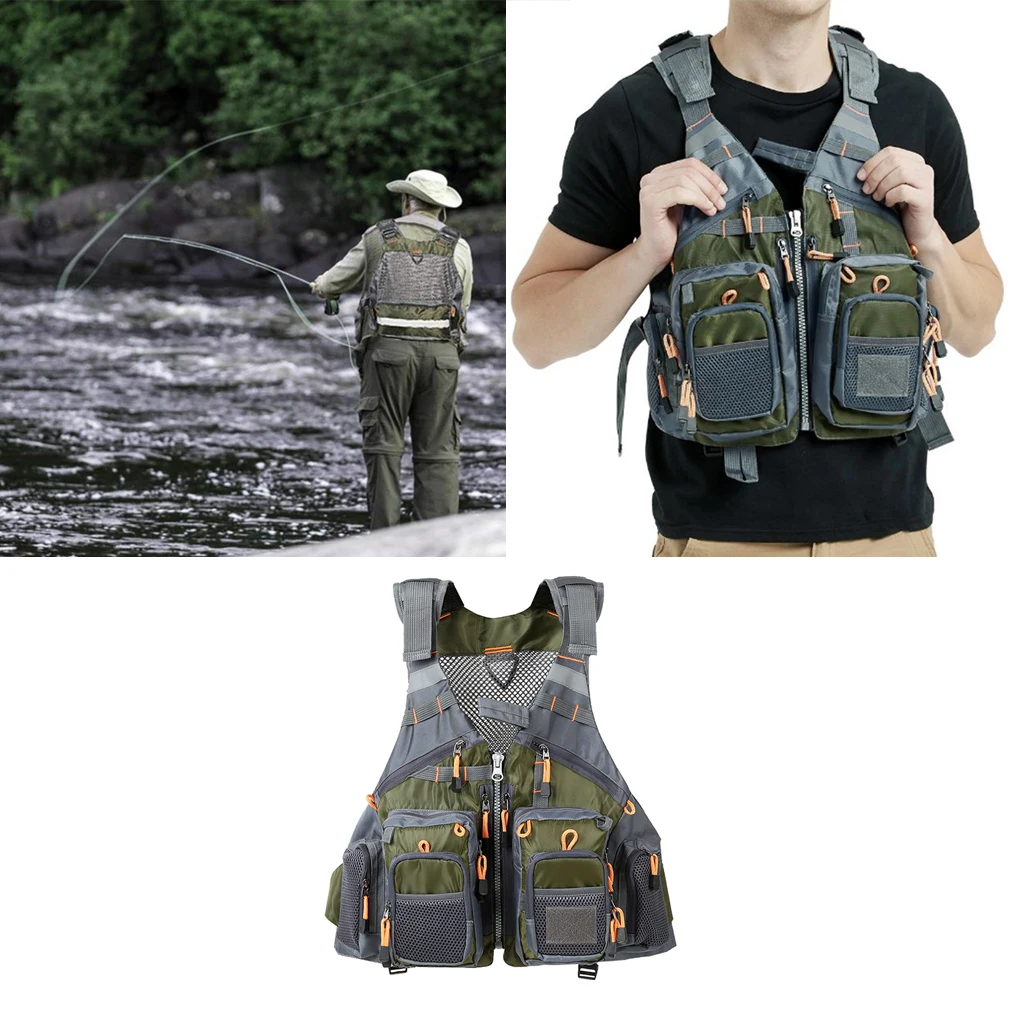 Fly Fishing Vest Adjustable Mesh Vest wiht 13 Pockets Holder Strap Cord