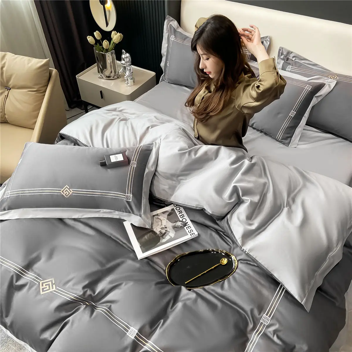 OLOEY Bedding set Egyptian cotton 100S Phnom Penh duvet cover flat sheet pillowcases Soft bed sets Embroidery