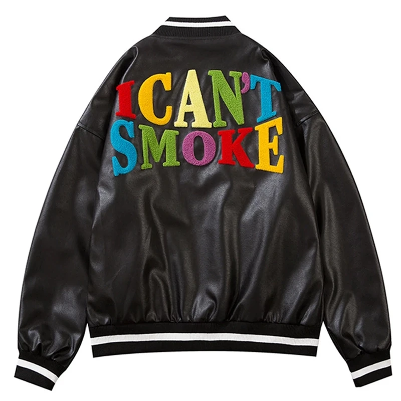 New Men PU Leather Patchwork Bomber Jacket Daisy Embroidery Letter Spring and Autumn College style Men's Baseball Jacket 2021